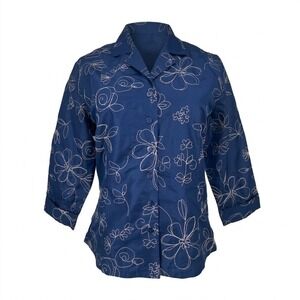 Anne Carson MEDIUM Blue 100% Silk Floral Embroidered 3/4 Sleeve Button Up Top